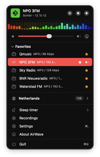 AirWave internet radio menu bar app for macOS showing NPO 3FM playing with favorites list, equalizer visualizer, and station browser